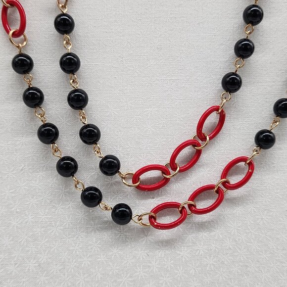 Red & Black Beaded Necklace With Gold Chain Links Adjustable Lobster Clasp - Picture 2 of 6